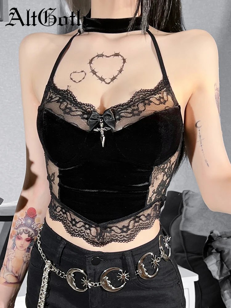 

Женский бархатный топ AltGoth, готический укороченный топ с открытой спиной и кружевной отделкой, в стиле гранж, Y2k