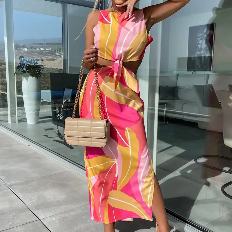 

Spring Summer Printing Straight Boho Long Dress Sexy O Neck Lace-up Bow Hollow Party Dress Women Sleeveless Tank Beach Sundress