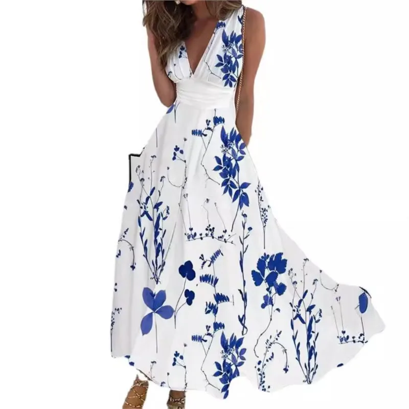 Elegancka damska sukienka imprezowa 2024 Summer Fresh V-neck High Waist Sleeveless Printed Sexy Dress Robe Femme É t é Vertidos Lon