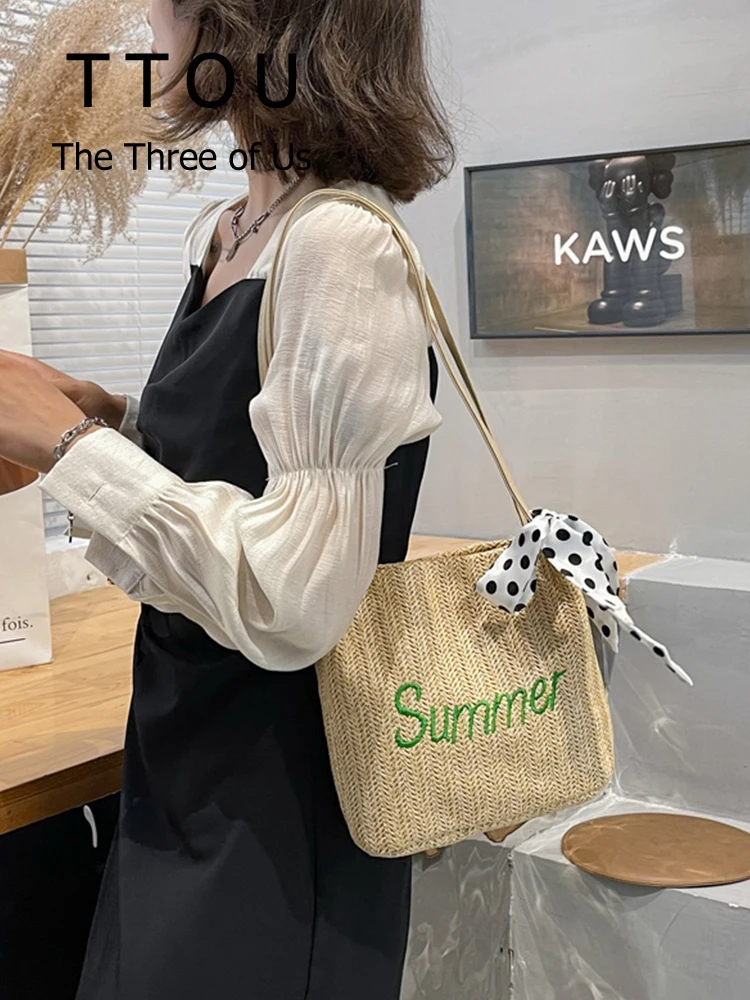 

Летние плетеные соломенные сумки на плечо для женщин, милые дизайнерские трендовые сумки, портативная корзина в богемном стиле, пляжный дор...