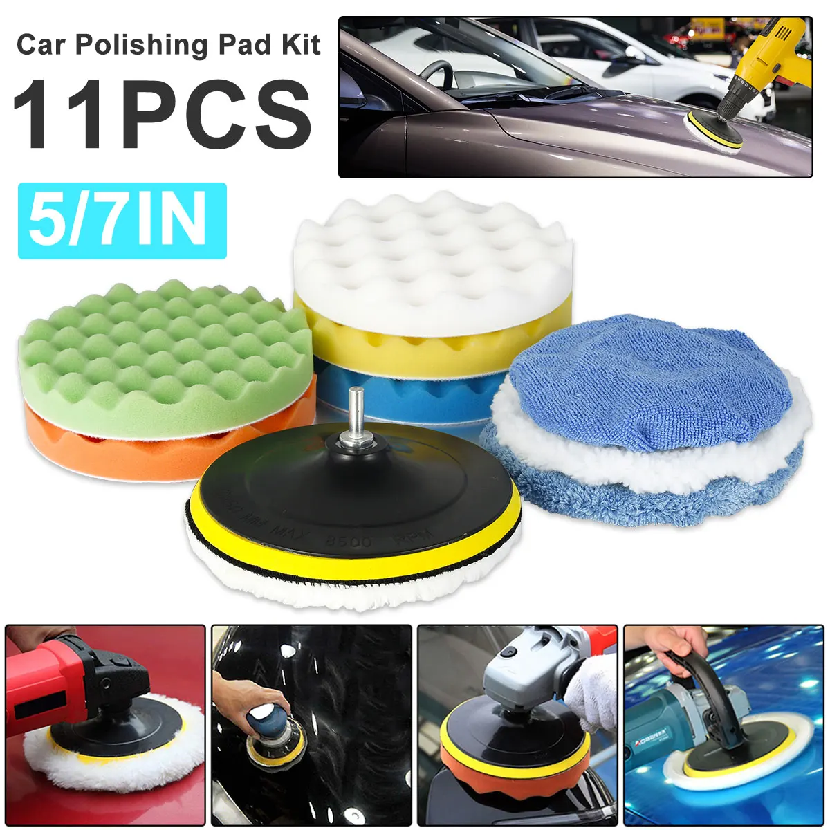

11pcs 5/7 Inch Car Buffing Pads Car Polishing Sponge Pads Kit Waxing Foam Pad Cleaning Sponge for Auto Polisher Sanding Waxing