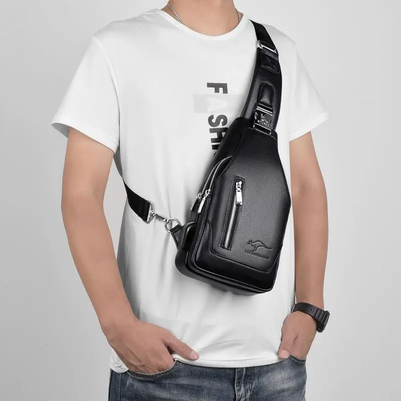 NEW  Men's Chest Bag Business Shoulder Bag PU Leather Handbag with USB Charging High-quality Retro Leisure Travel Shoulder Bag
