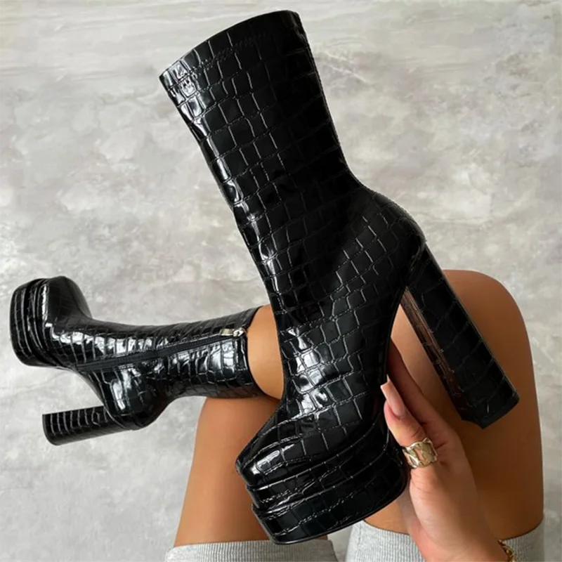 Green Double Platform Short Boots Solid Leather Side Zip Great Quality Ankle Boots Thick Heel Shoes Large Size 45