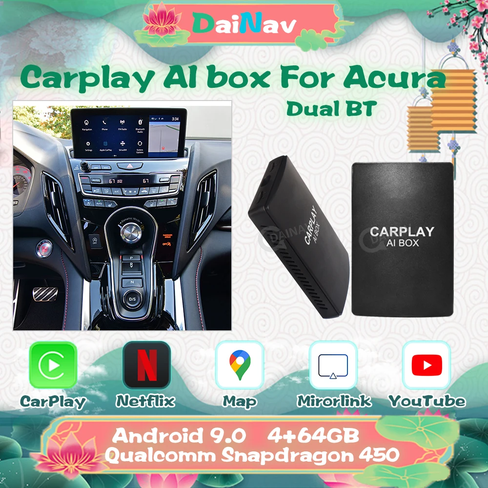 

Android auto Wireless CarPlay Ai Box For Acura Android 9 Plug and Play Youtube Netfix For honda acura MDX ILX RDX TLX player
