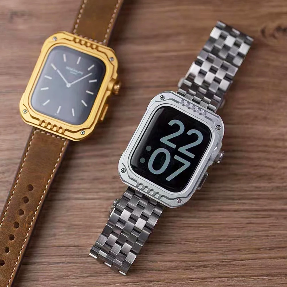 

Luxury Set For Apple Watch 6 5 4 SE 40mm 44mm Stainless Steel Leather Modification Noble Kit For iWatch Series Metal Glass+Case