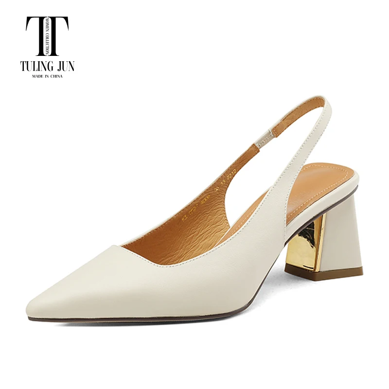 

TULING JUN 2023 Spring Summer Genuine Leather Back Empty Sandals Chunky High Heel Pointed Toe Elegant Party Pumps For Women