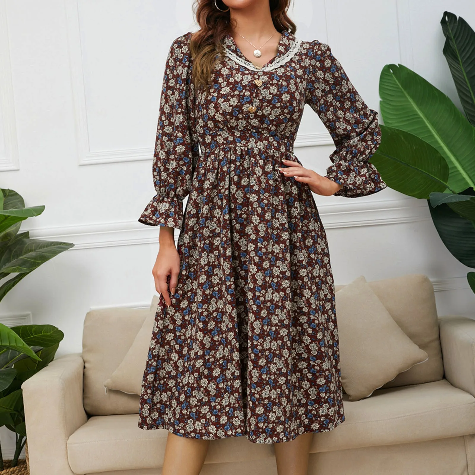 

Женское платье в стиле ретро, элегантное кружевное платье с цветочным принтом, отложным воротником и длинными рукавами, платье с рукавами-к...