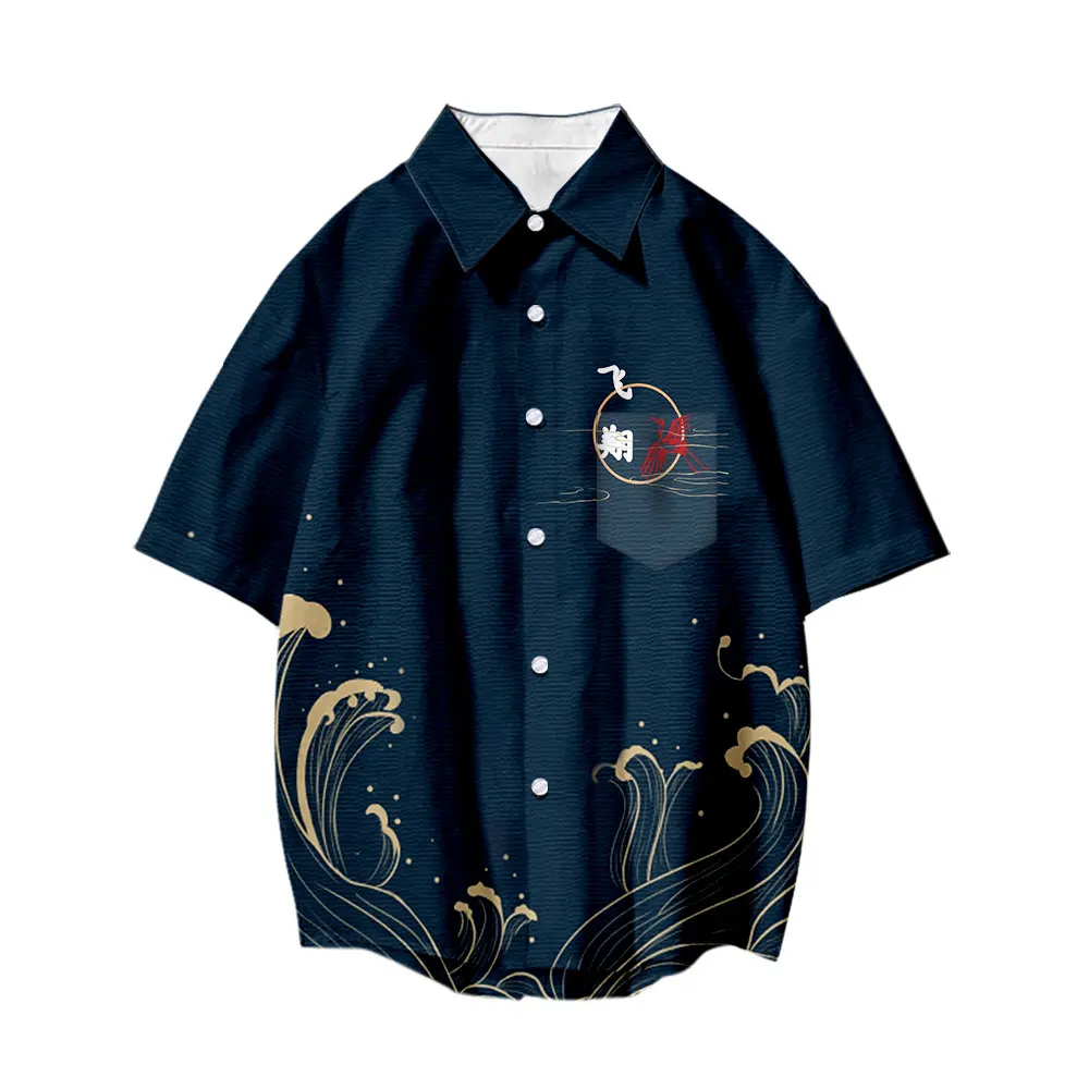 2022 Summer New Men's Clothing Japanese Style Crane Skeleton Print Shirts Short Sleeve Beach Hawaii Street Fashion Shirts Tops