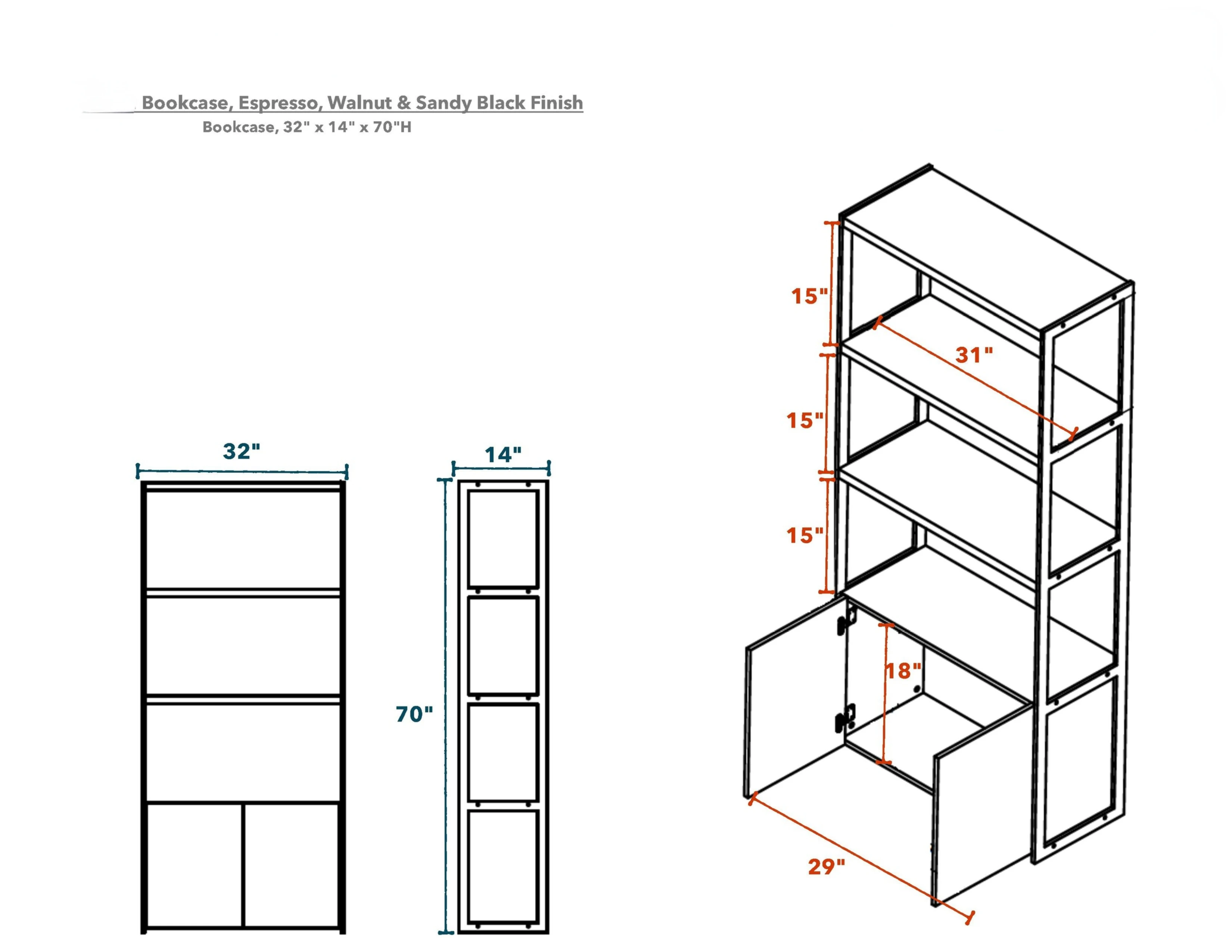 Versatility Bookcase Bookshelf Display Stand Storage with 3 Shelves and 2 Front Doors Furniture Espresso Pu Walnut Sandy Black