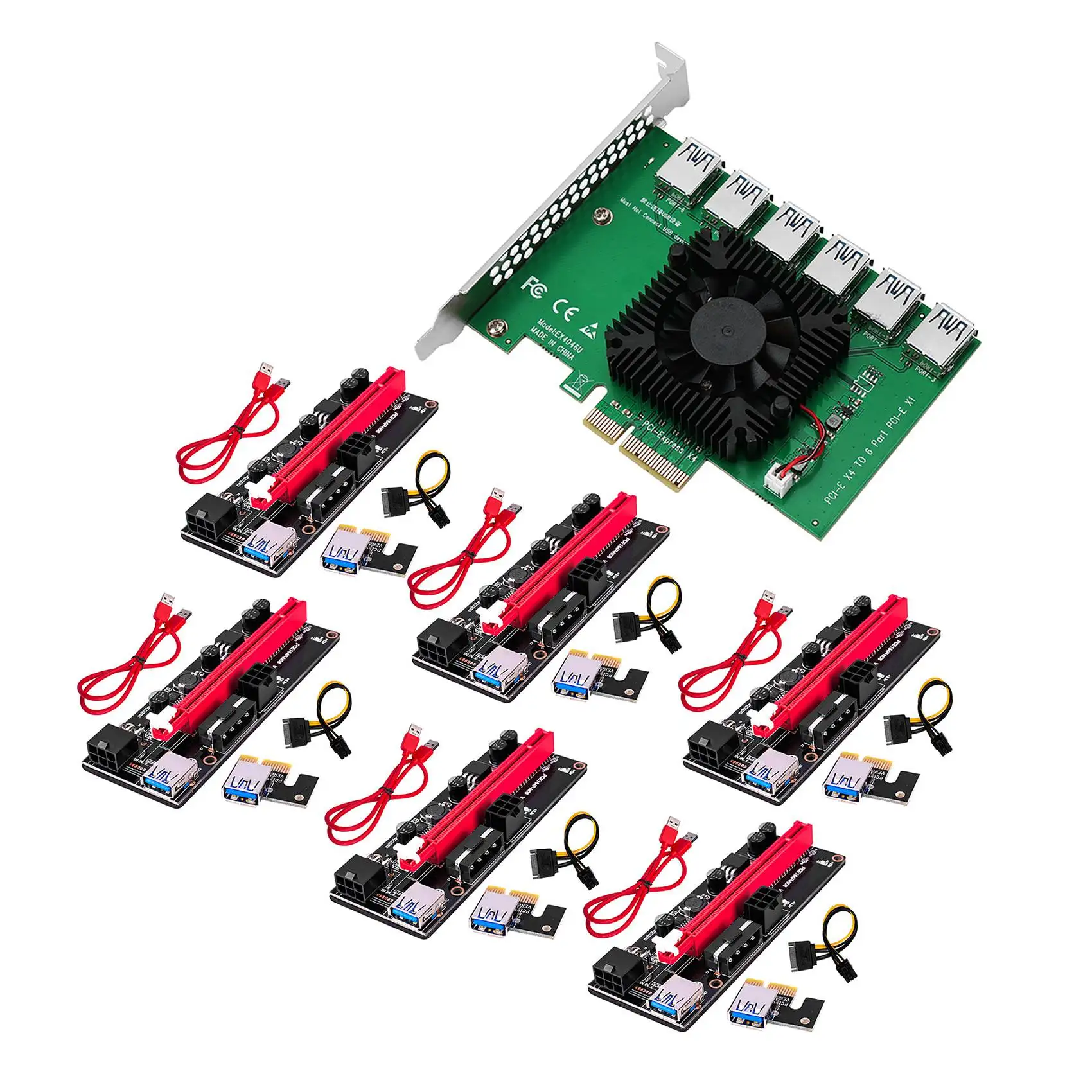 

PCIE One for Six Expansion Cards PCIE 4X to 6 Ports USB3.0+VER009S 1X to 16X Graphics Extension Cable Set for BTC Mining