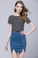 womens t shirt 2022 summer new all cotton stripe short sleeve straight neck fashion slim elegant temperament top womens wear