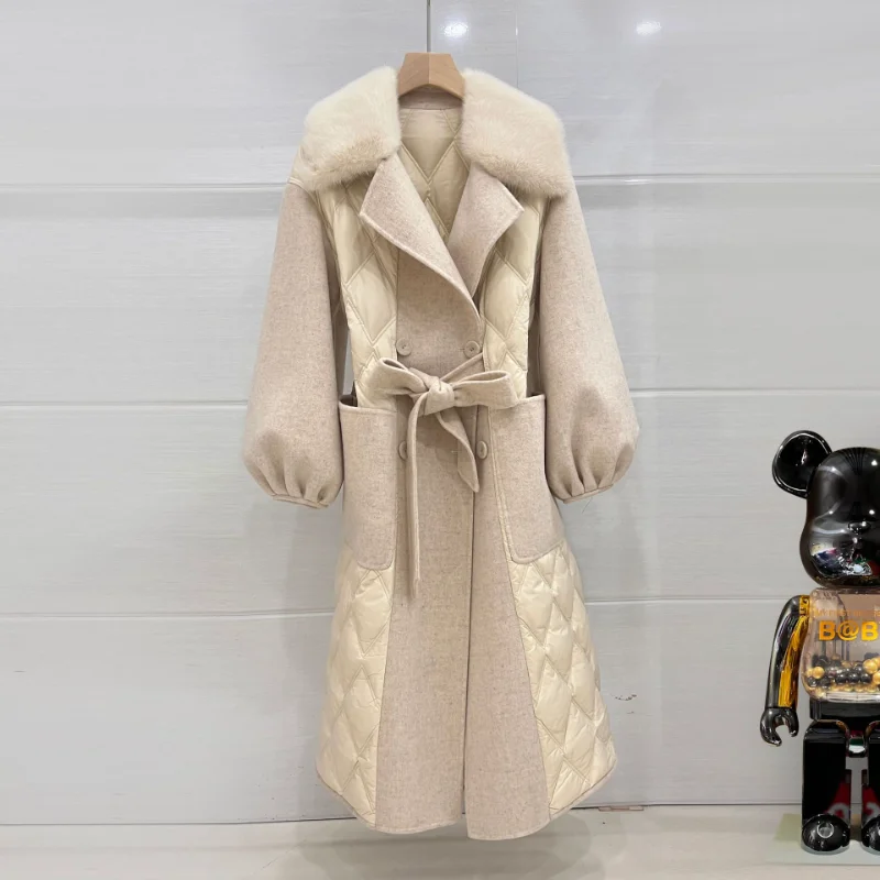 

2022 autumn winter woman's female fashion luxury mink fur collar white goose down woolen parka overcoat jacket with belt