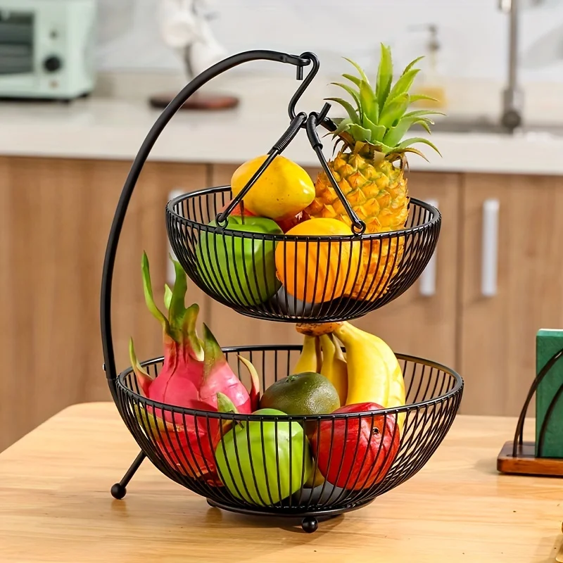

1 шт., 2-уровневая настольная корзина для фруктов, миска с вешалкой для бананов, металлические корзины для овощей