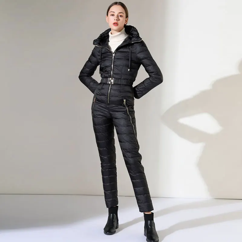 90 White Duck Down Jumpsuit Down Coat Women 2023 Autumn New Long Hooded Belt Solid Color Temperament Thick Warm Ski Suit Female
