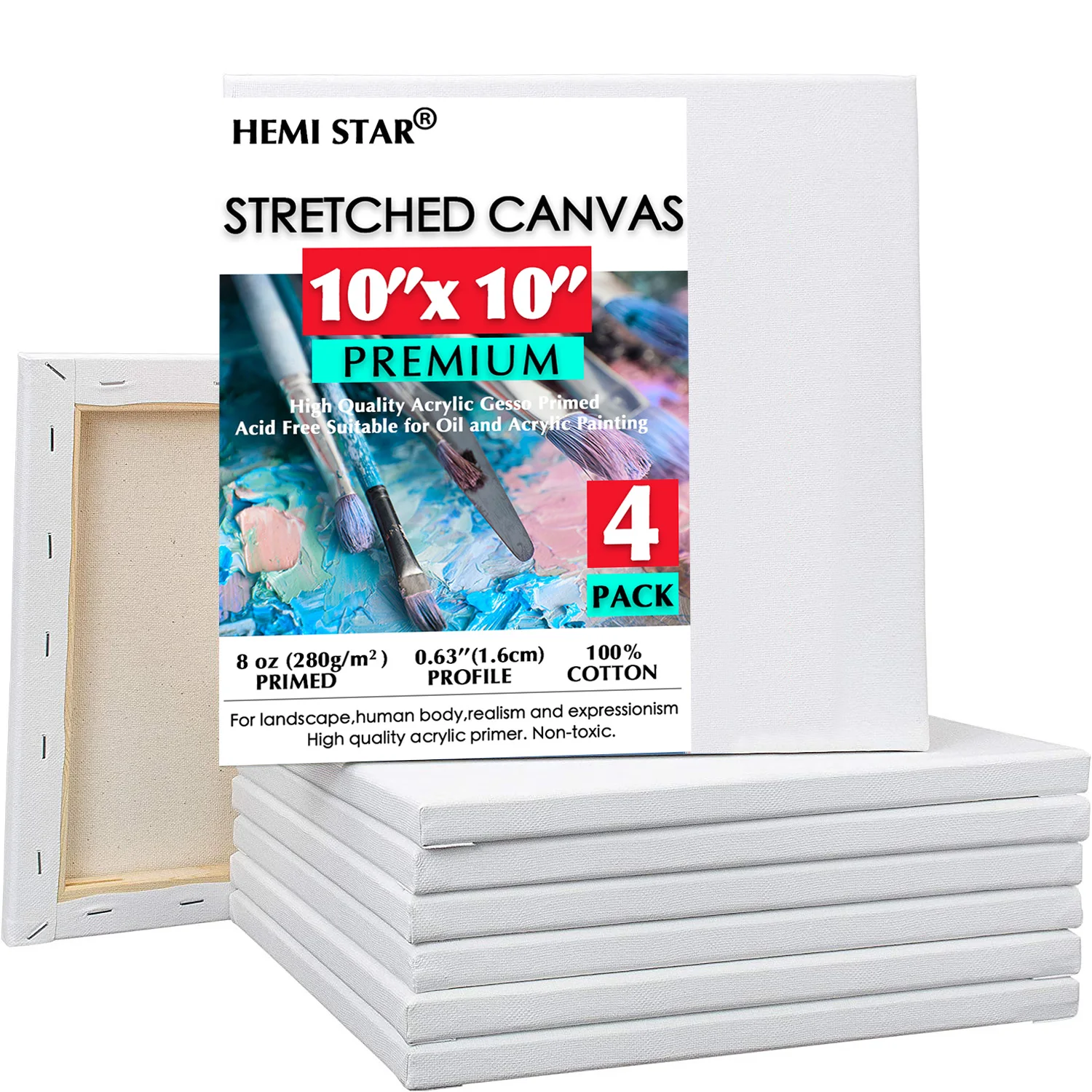 

4 Pack Stretched Canvases for Painting 25x25cm-10x10in, White 8 oz Gesso-Primed 100% Cotton Blank Canvas Boards for Painting
