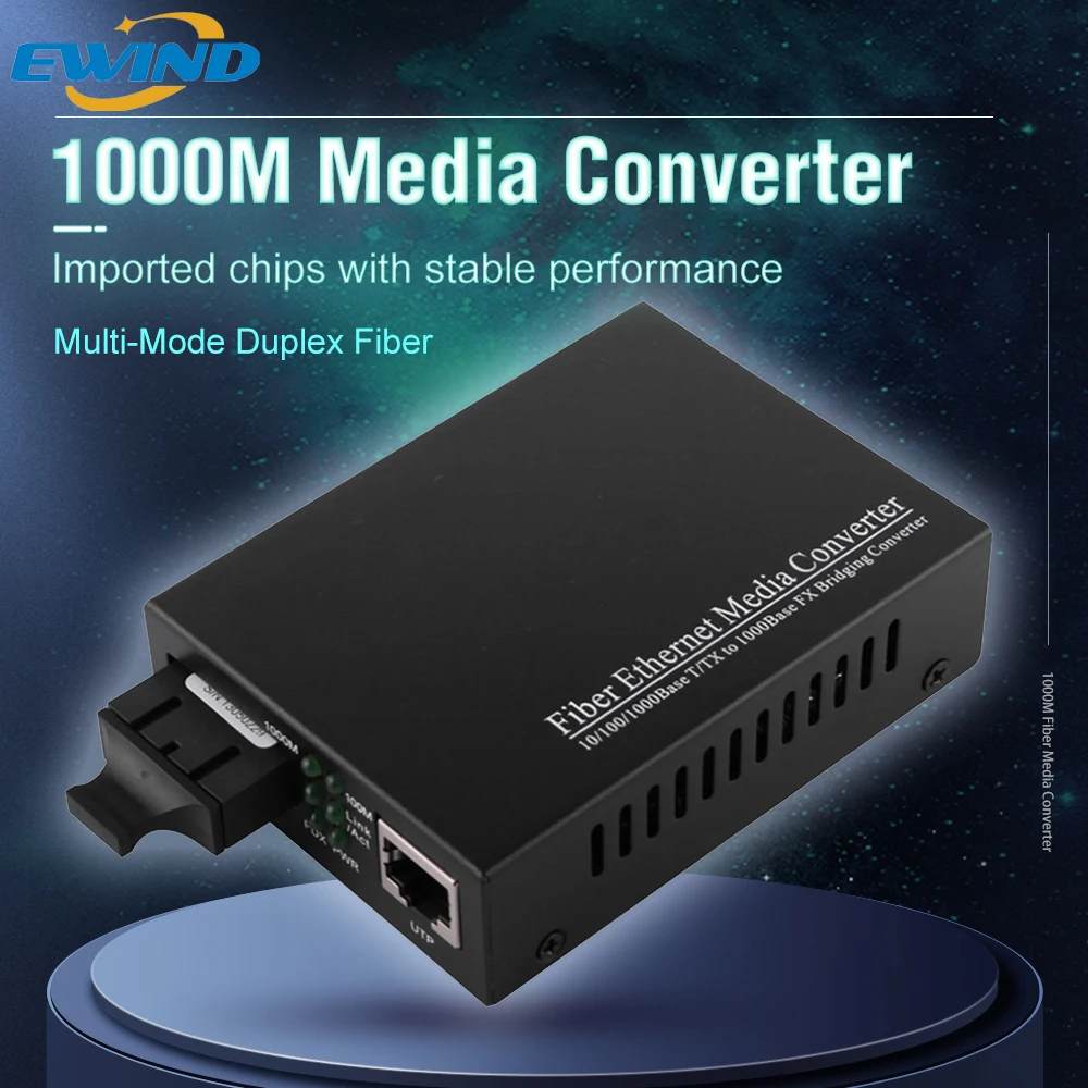 EWIND Gigabit Dual Fiber Media Converter with Built-in 1Gb Multi-Mode SC Transceiver 10/100/1000M RJ45 To 1000Base-LX Up To 2km