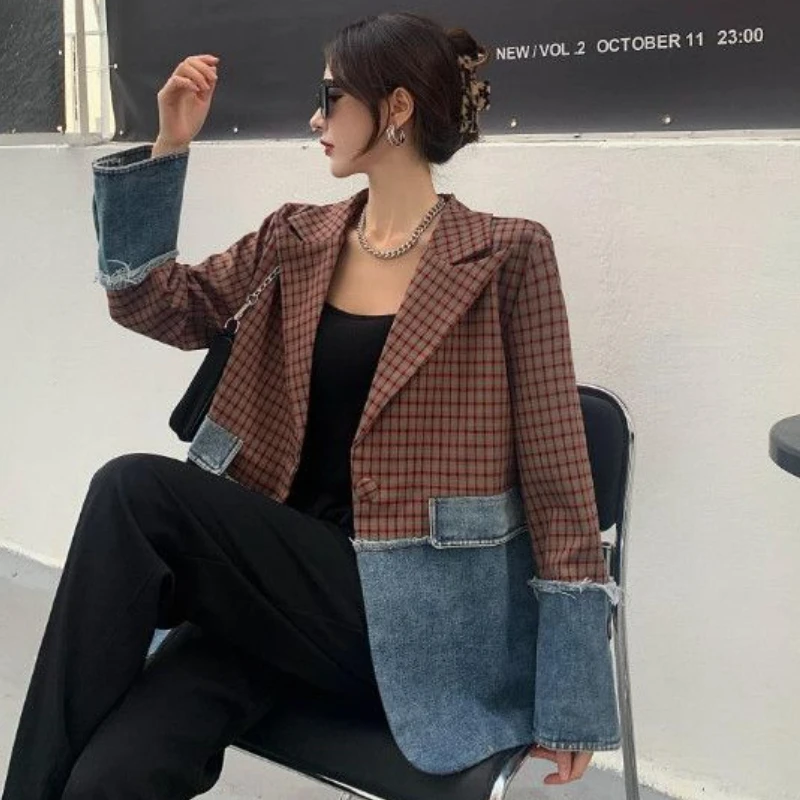 Spliced Blazers Women Baggy Streetwear Teens Personal American Designer Notched Youth College  Clothes Temper Chic Popular