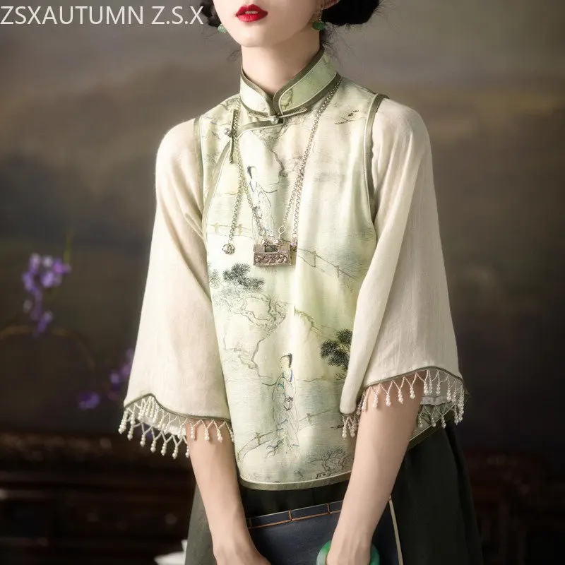

Новинка 2023, женская рубашка Hanfu, традиционное китайское платье, костюм Тан, винтажные элегантные двойные блузки, женские топы в китайском стиле Ципао