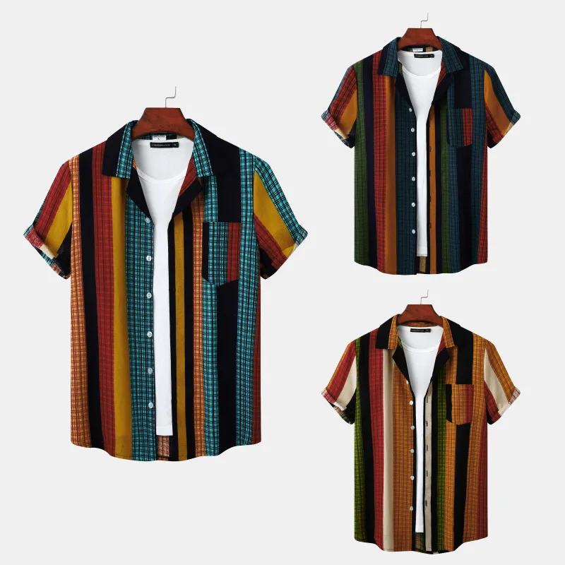 Men's cotton and linen striped short sleeved shirt casual short sleeved VS color stripe top