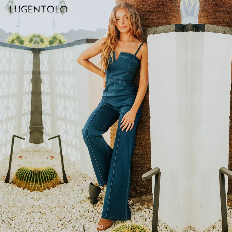 

Lugentolo женские сексуальные джинсовые комбинезоны с открытой спиной высокой талией тонкие подтяжки топ комбинезоны однотонные без рукавов широкие брюки