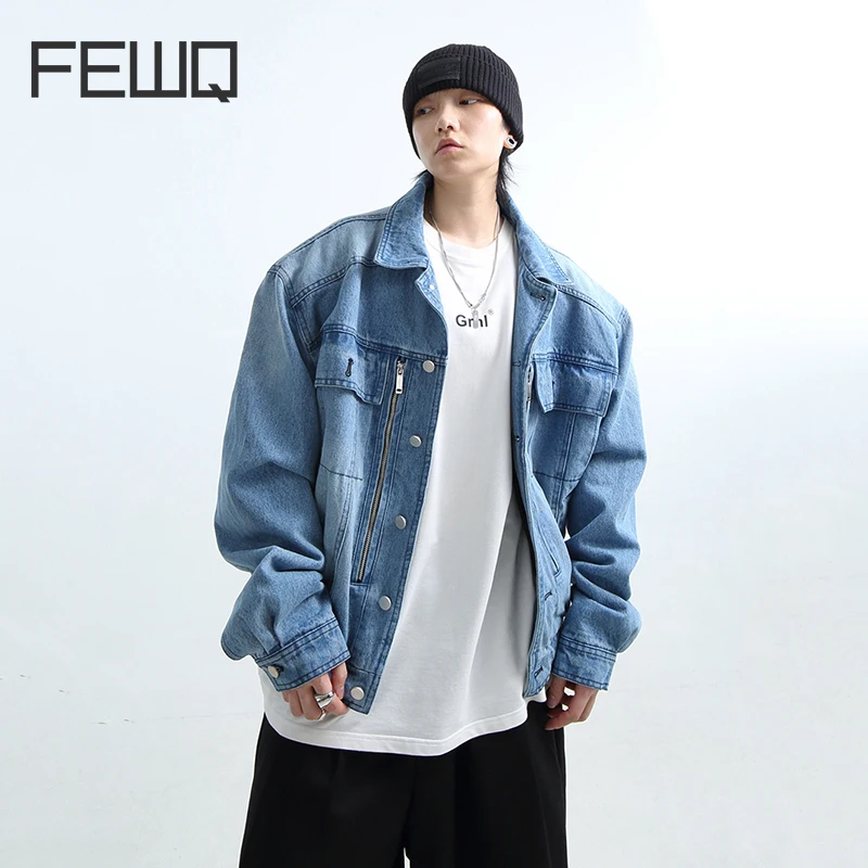 

Мужская джинсовая куртка FEWQ, синяя джинсовая куртка с широким плечевым упором и отложным воротником, 2023, 24x2023