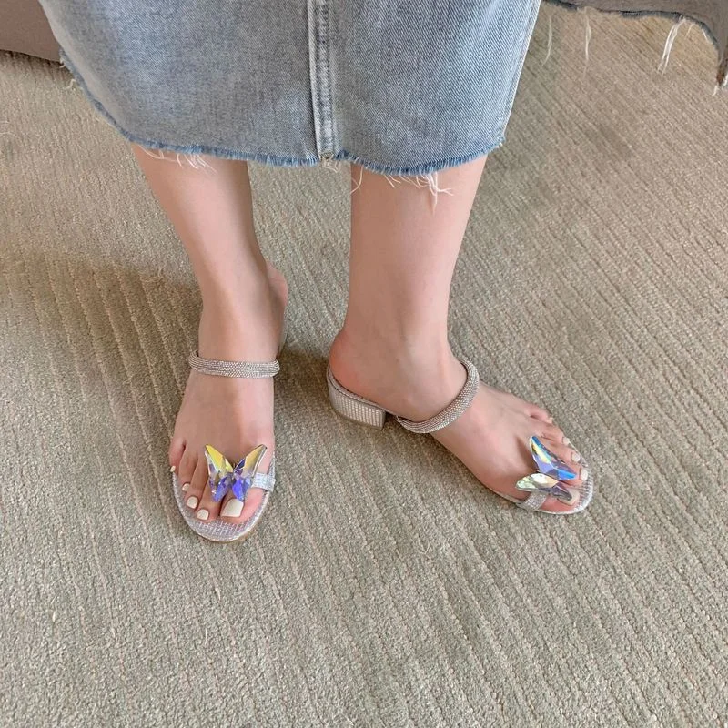 

Шлепанцы женские на среднем каблуке 4 см, сандалии с кристаллами, с бантом-бабочкой, Повседневная Уличная обувь, большие размеры