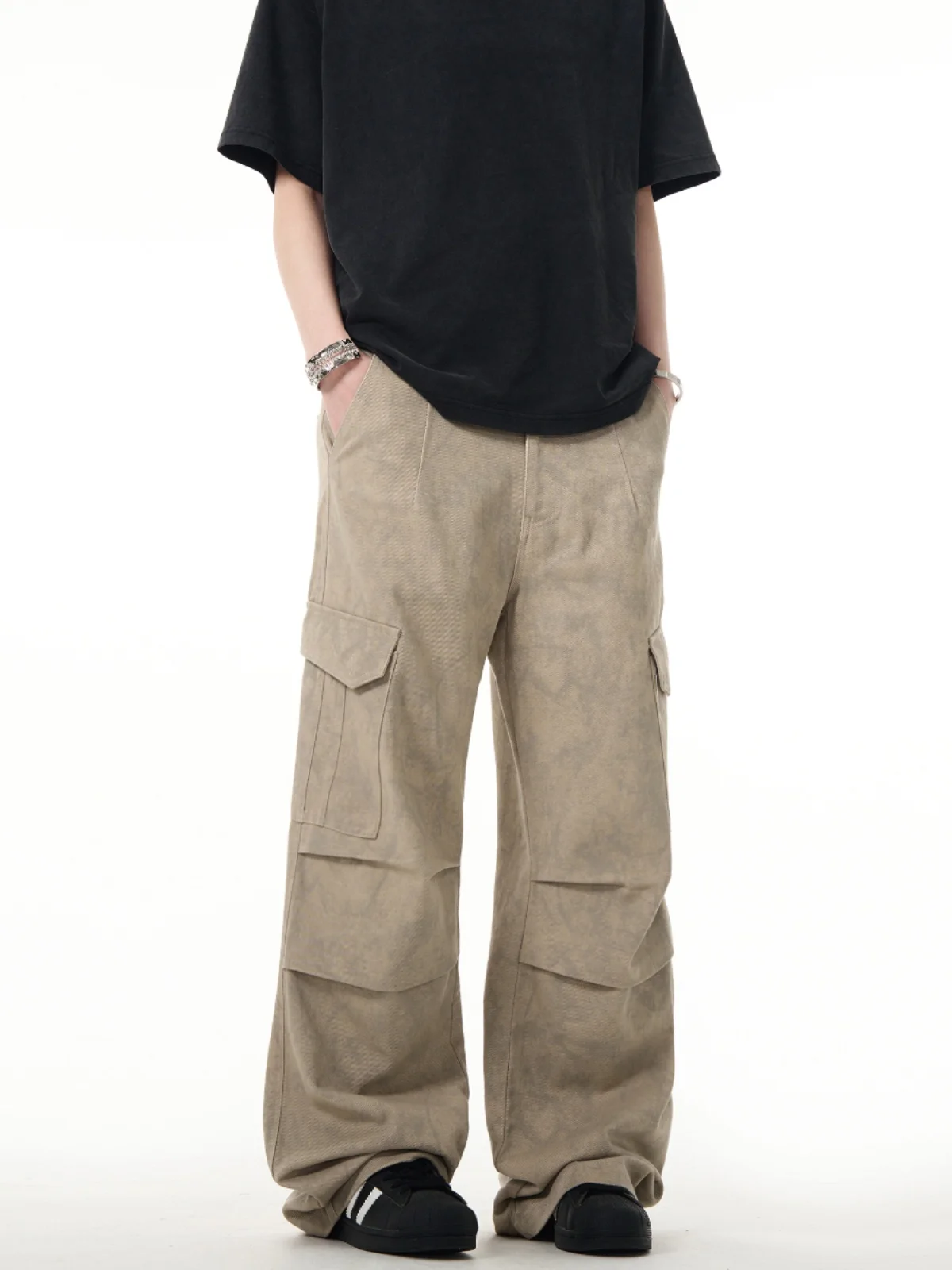 Плиссированная рабочая одежда в стиле ретро с мраморным узором джинсы унисекс