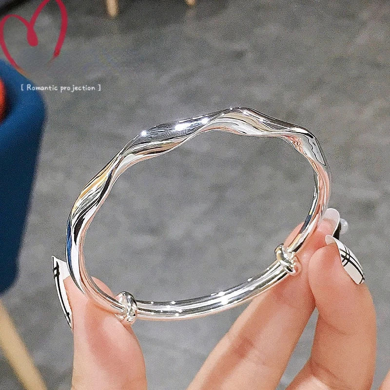 

S999 Silver Jewelry New Wave Shiny Ladies Bracelet Japanese and Korean Fashion Jewelry Cold Wind Twist Opening Bracelet Gift
