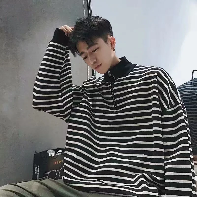 

Мужской пуловер с воротником-стойкой, черно-белая толстовка с принтом в полоску, Свободные корейские пальто для мальчиков, модные студенчес...