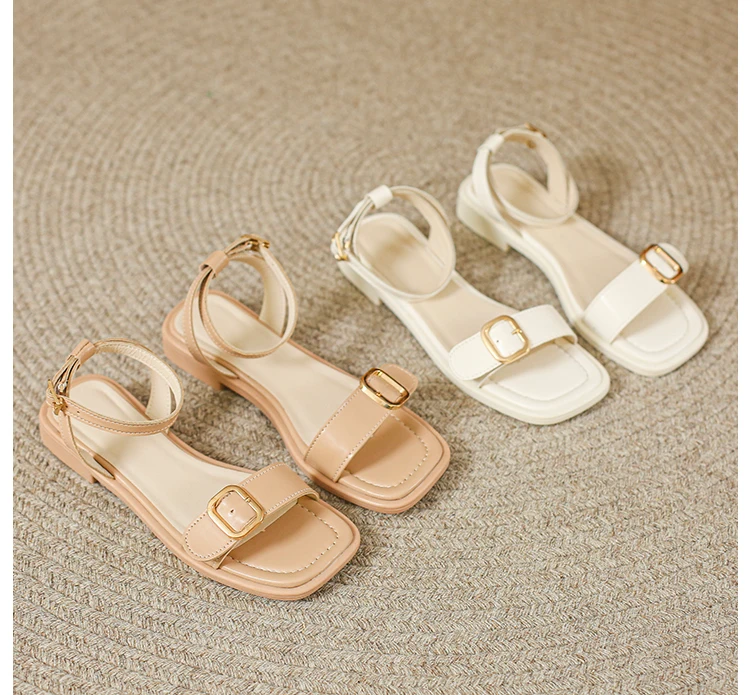 

Shoes for Women 2022 PU Summer Sandalias De Las Mujeres Square Heel Casual Shallow Basic Buckle Strap Concise Solid