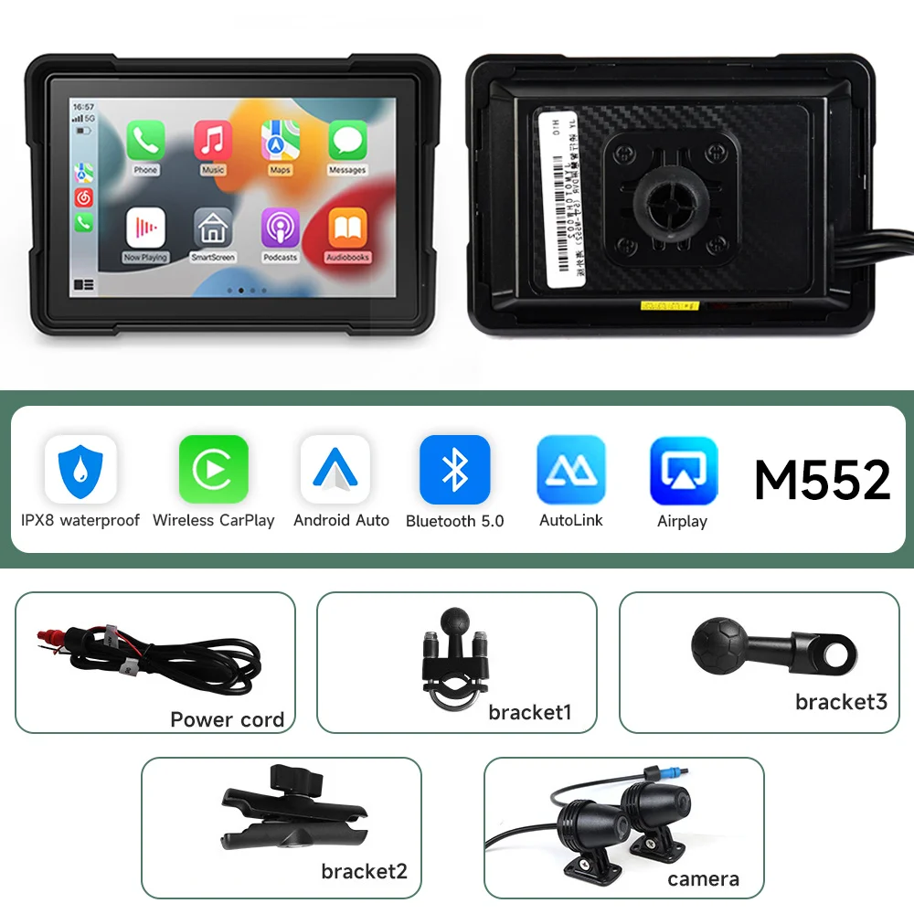 

5-дюймовый портативный мотоциклетный дисплей, GPS-навигация, Bluetooth IPX7, водонепроницаемый монитор для беспроводного Carplay Android Auto Recorder