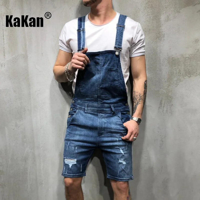 Kakan - European and American New Strap Denim Shorts for Men, Youth Popular Wear Out Black Strap Short Jumpsuit K34-329