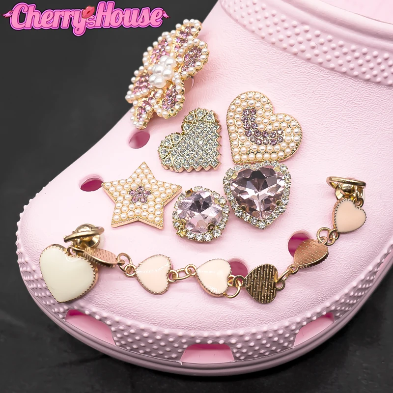 

8pcs Bling Pink Gems Croc Charms Pentagram Heart Shoe Accessories Decorations Flower fit Women Croc Clogs Buckle Girls Gifts