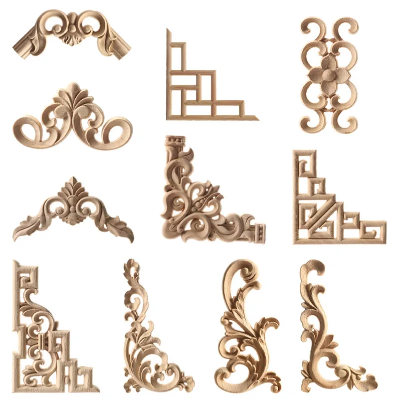 1Pc Chinese Carving Solid Wood Appliques For Furniture Cabinet Unpainted Wooden Mouldings Decal Vintage Home Decor Decorative