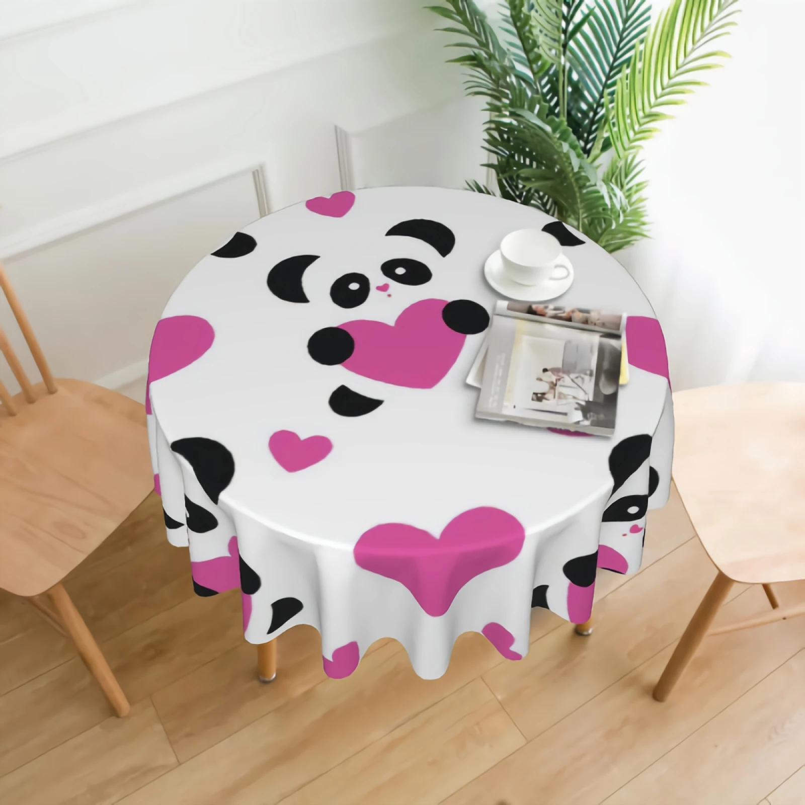 

Love Pandas And Pink Hearts Round Tablecloth Waterproof Black And White Panda Bear Table Cloth Wrinkle Free Decor