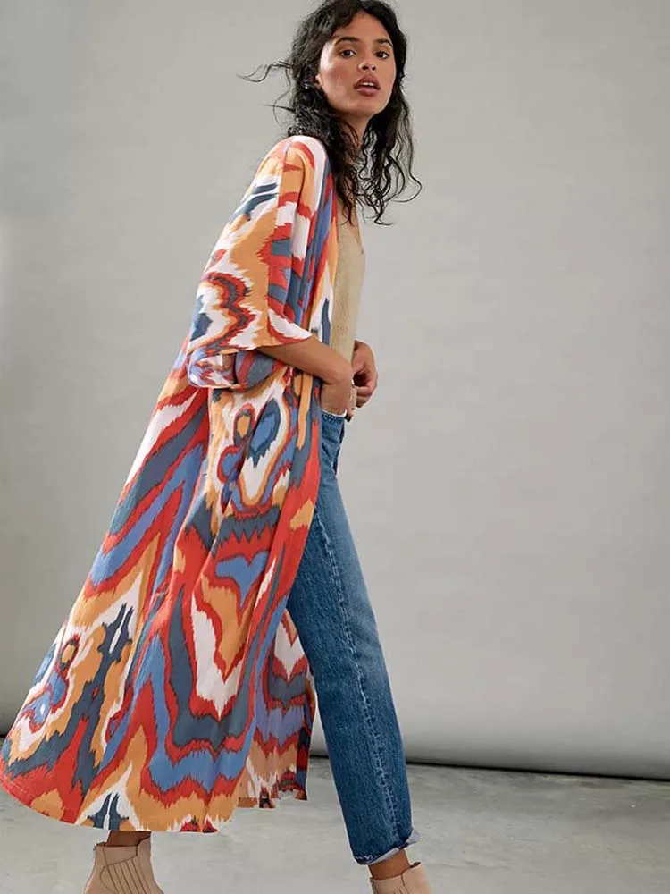 

2023 Beach Kimono Bikini Cover up Robe Beachwear Kaftan Long Dress Swimsuit Cover up Print Tunic for Beach Sarong Pareo Dress