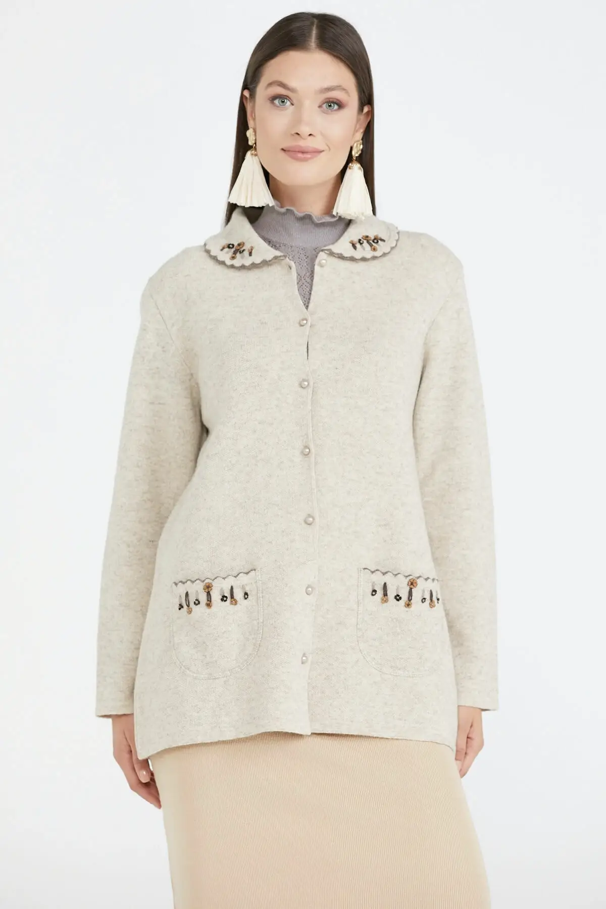 

Women's Cardigan Polo Collar Pocket embroidery sportswear Jacket-34268 Casual Knitted Quality Fashion Sweaters Loose Jumper