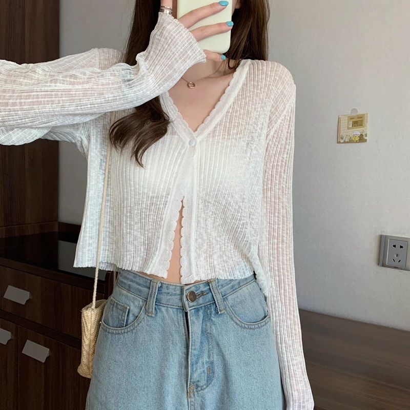 

2022 New Arrival Summer Women Long Sleeve V-neck Short Sweater All-matched Casual Single Button Cardigan V357