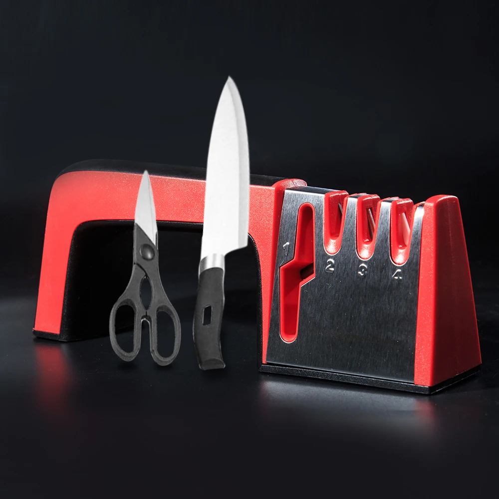 

4 in 1 Knife Sharpener Ceramic Kitchen Knife Shears Scissors Sharpening Tools Diamond Coated Non-slip Base Stainless Steel