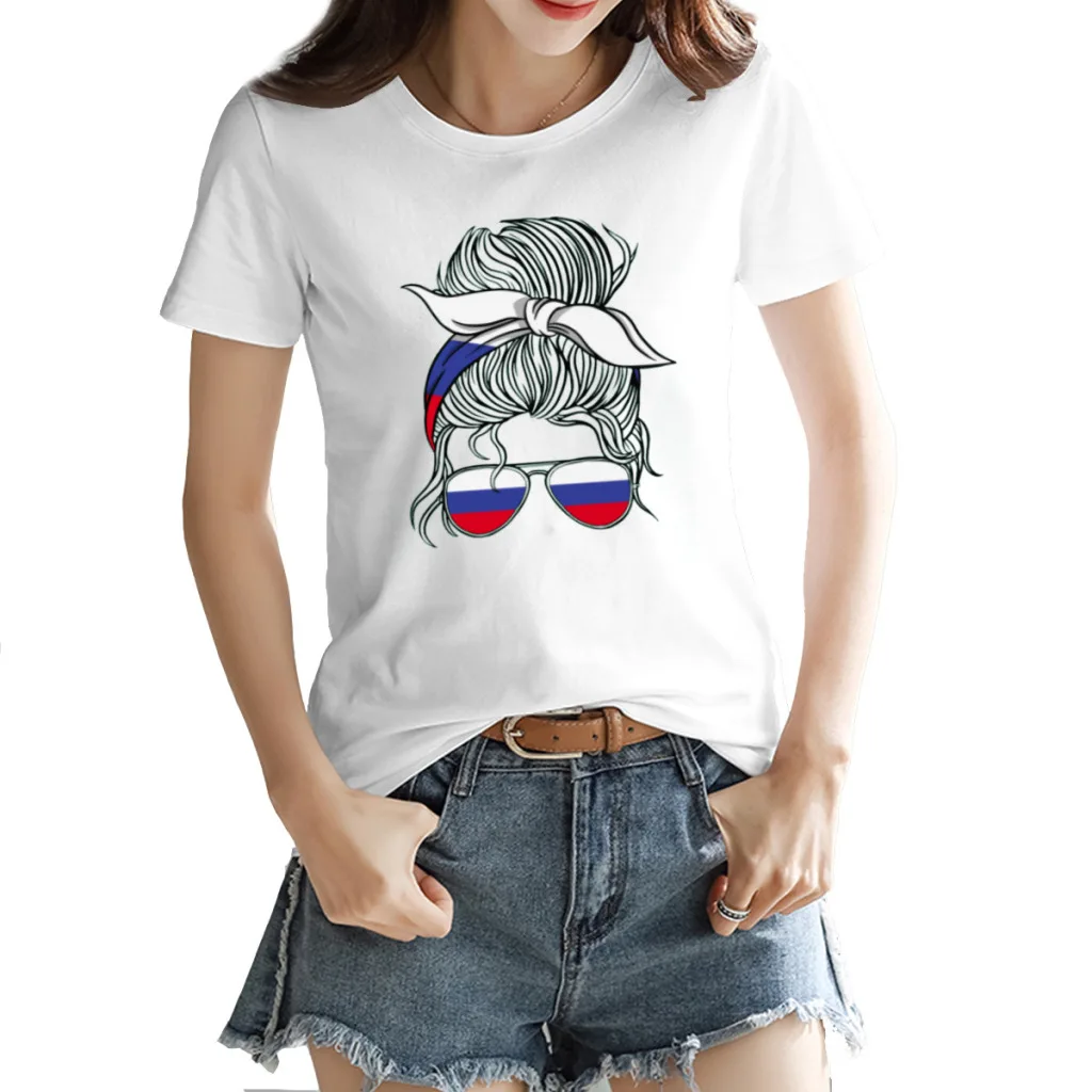 

Russia Flag Messy Bun Hair Russian Mom Woman Girl Women's T-shirt Classic White NerdRound neck Tees Tops European Size