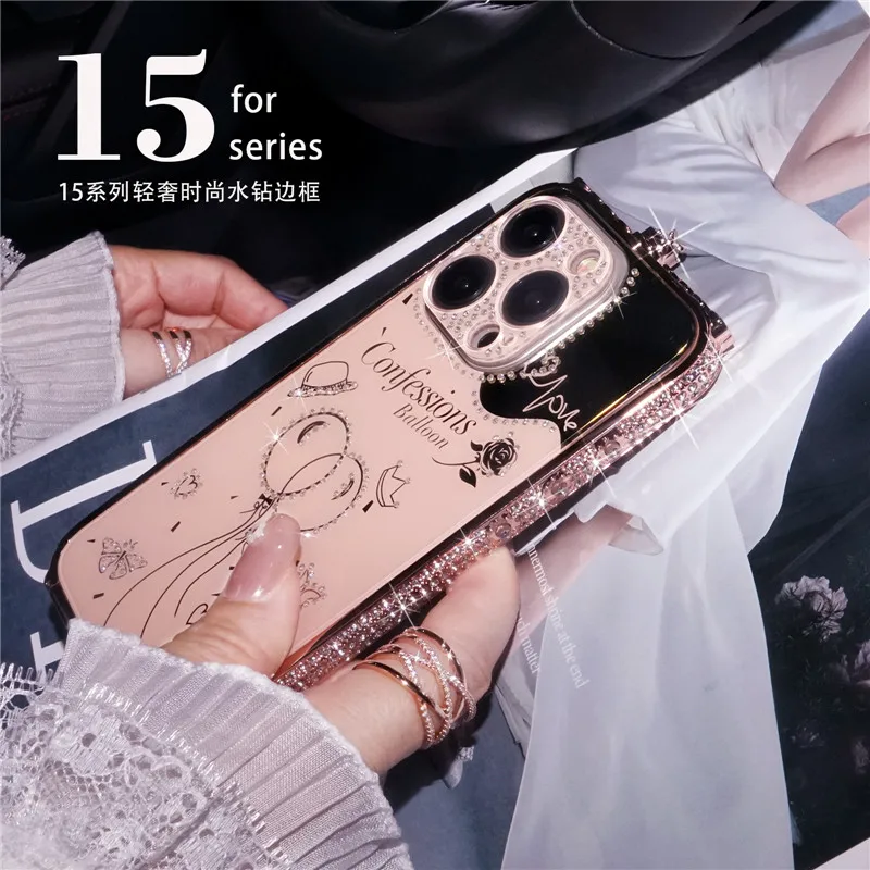Для iPhone 15 Pro Max 14 13 11 12 Чехол Bling Diamond Bumper Rhinestone Love Inlay Металлический каркас Зеркало