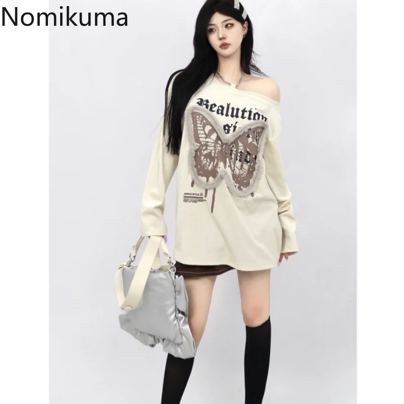 

Толстовка Nomikuma женская с открытыми плечами, Свободный свитшот с принтом бабочки, модная уличная одежда в стиле ретро Харадзюку, Y2k, весна-осень