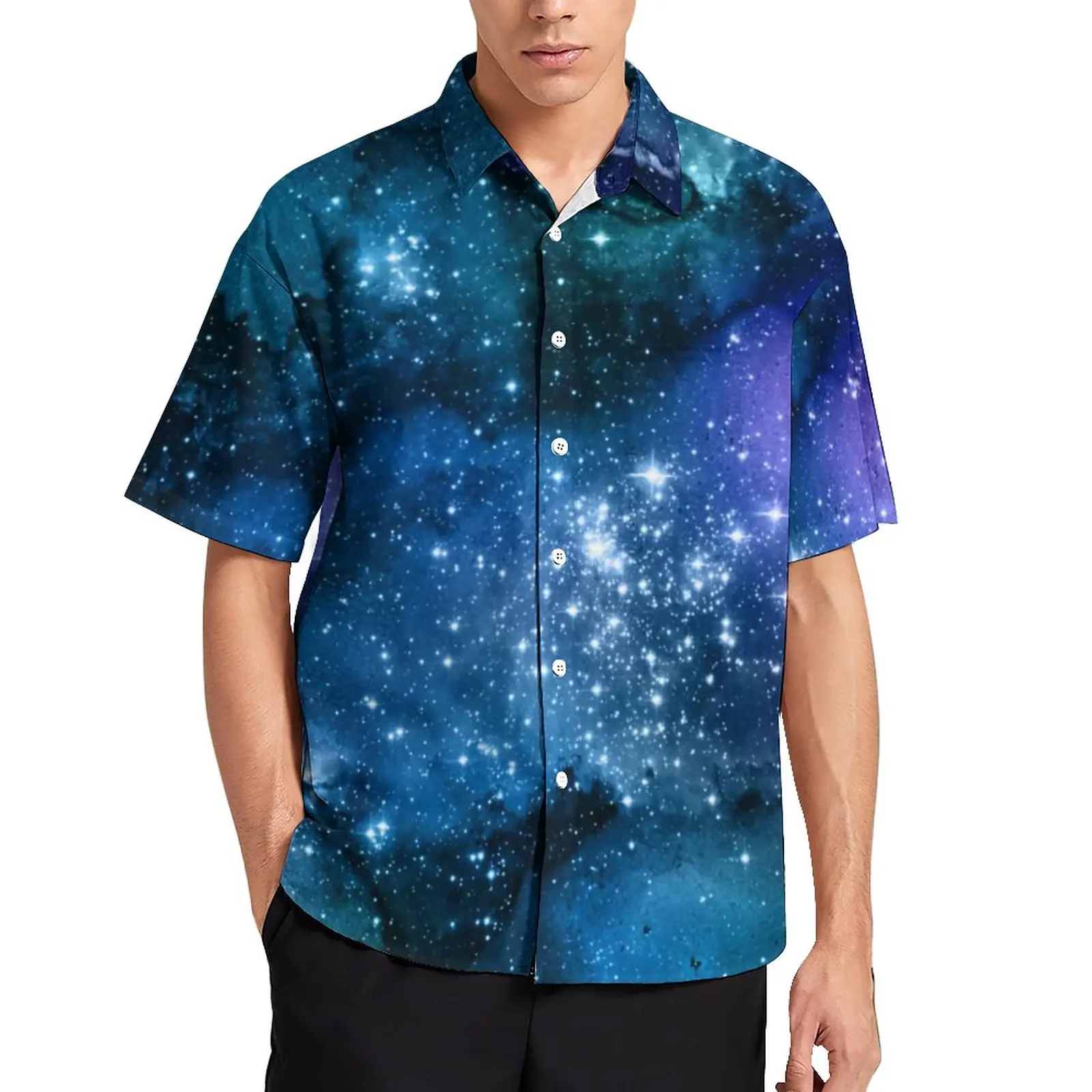 

Blue Sky White Sparkles Casual Shirts Galaxy Lovers Starry Space Beach Shirt Hawaiian Funny Blouses Men Custom Tops Big Size 4XL