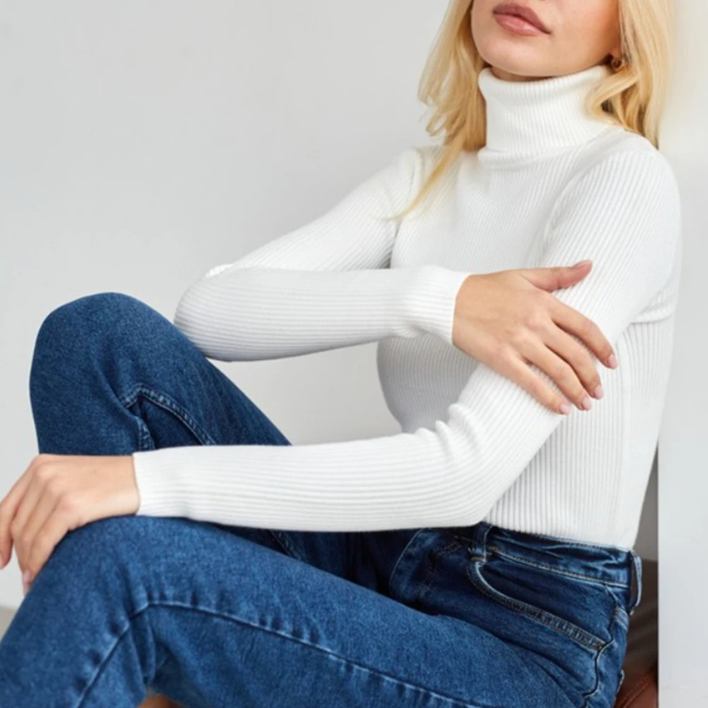 

Autumn Winter Knitted Jumper Tops Women Turtleneck Pullovers Basic Casual Sweaters Women Shirt Soft Long Sleeve Tight Sweaters