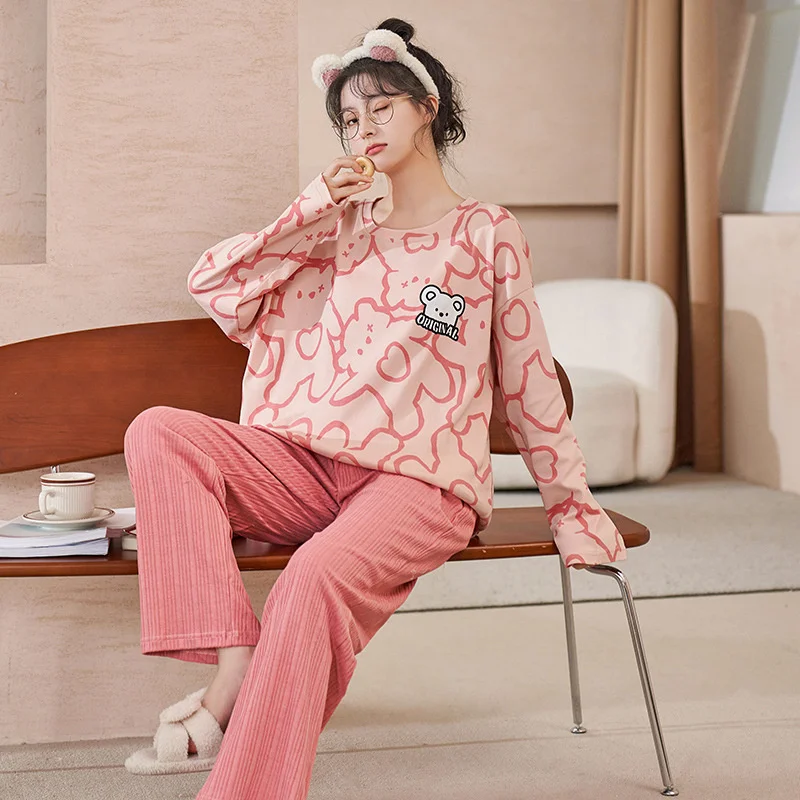 Autumn Pajamas Set Casual Sleepwear For Women Elastic Sweet Cartoon Pyjama Women's Fashion Homewear Clothes Big Size