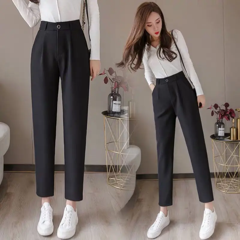 

Mid Waist Suit Pants Women Drape Loose Formal Black Ankle-Length Pants Female Solid Color Korean Fashion Straight Trousers F64