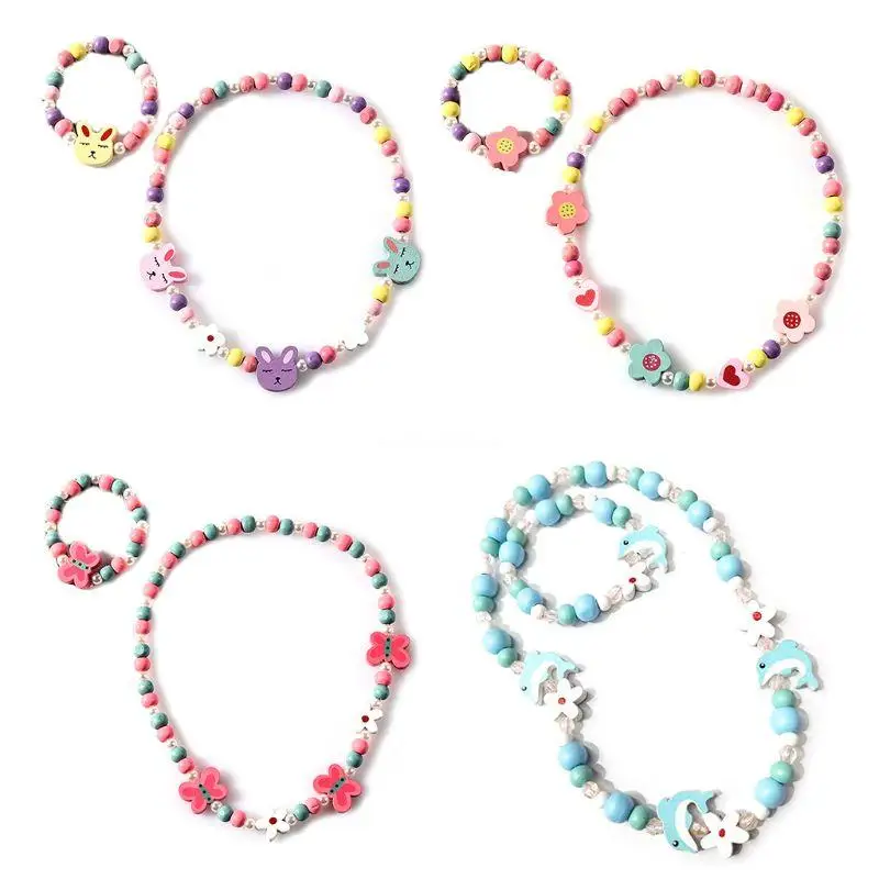 

1 компл. детей разноцветные деревянные бусы ожерелье браслет девушки принцесса ювелирные изделия подарки/