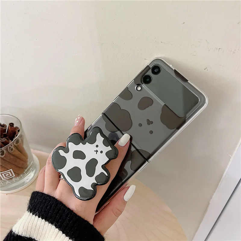 INS Checkerboard Cow Holder Phone Case for Samsung Galaxy Z Flip 4 3 Hard Cover for ZFlip3 Zflip4 Solid Shell Bracket