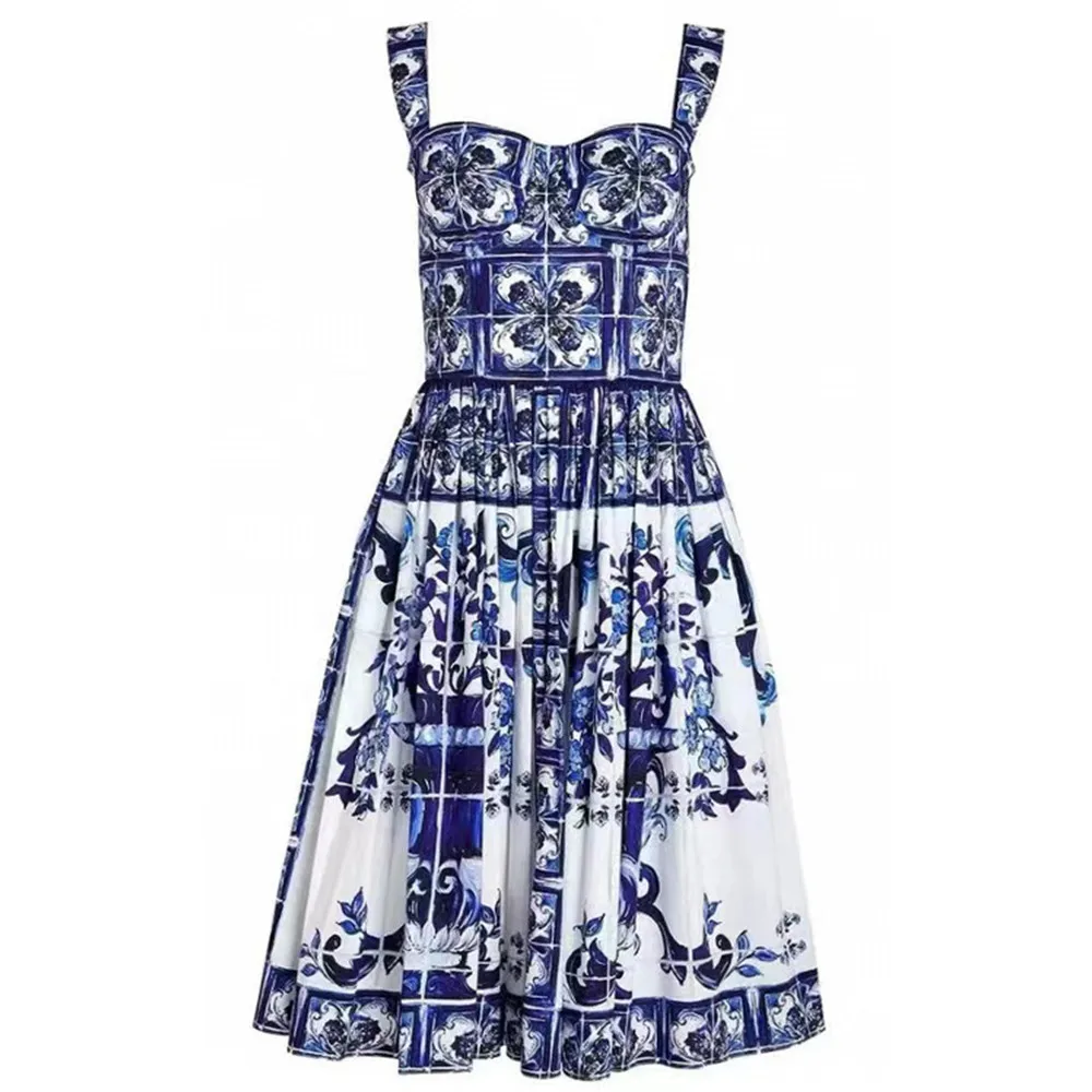 Designer Inspired Women Floral Print Short Mini Dress Blue White Dress  Fashion Female clothing 2022