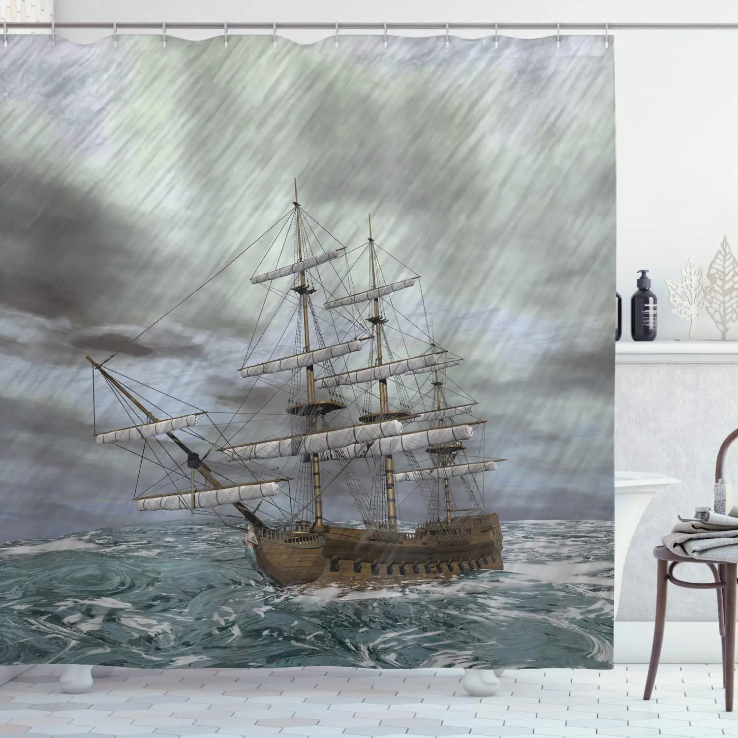 

Shower Curtain Fantasy Boat Art Black and White Color Sailing Dragon Ship Curtain for Norse Vikings Ship Bathroom with Hooks